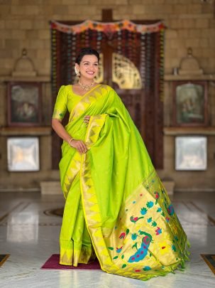 Soft Paithani Silk Parrot Green Saree With Designer Silk Blouse