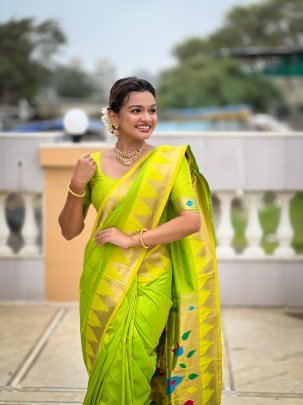 Soft Paithani Silk Parrot Green Saree With Designer Silk Blouse