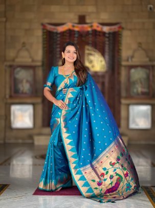 Soft Paithani Silk Vibrant Blue Saree With Meenakari Motifs And Zari Temple Border