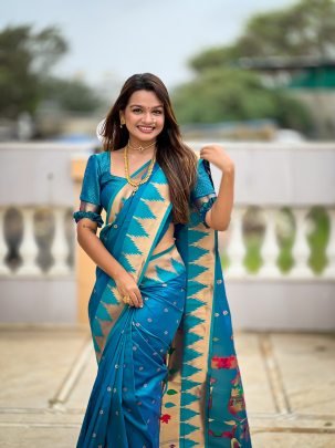 Soft Paithani Silk Vibrant Blue Saree With Meenakari Motifs And Zari Temple Border