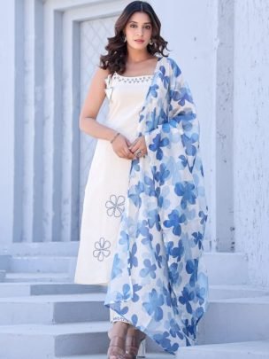Soft Rayon Slub Fabric Sky Blue Kurti Pant With Dupatta