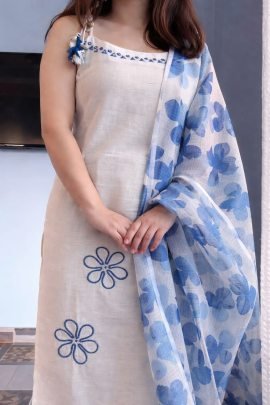Soft Rayon Slub Fabric Sky Blue Kurti Pant With Dupatta