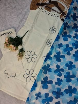 Soft Rayon Slub Fabric Sky Blue Kurti Pant With Dupatta