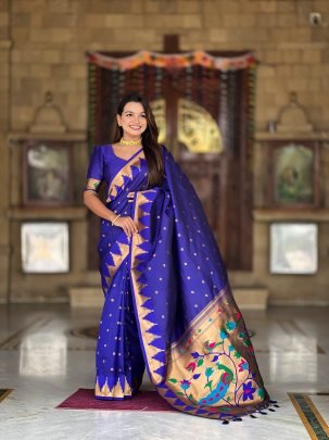 Soft Royal Blue Silk Paithani Saree With Meenakari Motifs And Zari Temple Golden Border
