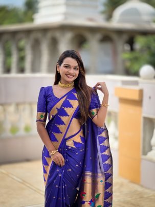 Soft Royal Blue Silk Paithani Saree With Meenakari Motifs And Zari Temple Golden Border