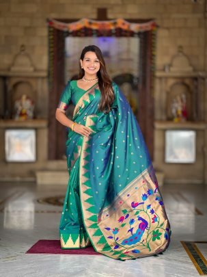 Soft Silk Green Paithani Saree With Meenakari Motifs And Zari Temple Golden Border