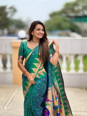 Soft Silk Green Paithani Saree With Meenakari Motifs And Zari Temple Golden Border