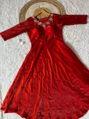 Space Silk  Fabric  Red Colour Gown