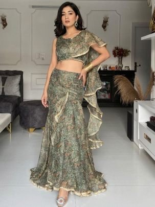 Sparkle Fabric Green Colour Ruffle Lehenga