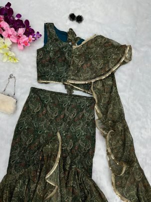 Sparkle Fabric Green Colour Ruffle Lehenga