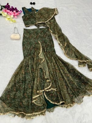 Sparkle Fabric Green Colour Ruffle Lehenga