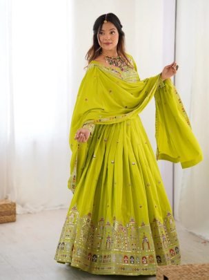 Stunning Lime Embroidery Sequence Work Chinon Lehenga Choli