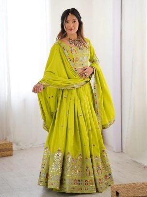 Stunning Lime Embroidery Sequence Work Chinon Lehenga Choli