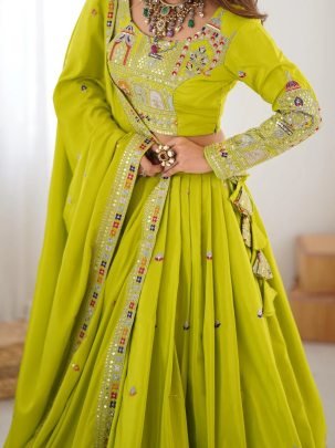 Stunning Lime Embroidery Sequence Work Chinon Lehenga Choli