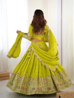 Stunning Lime Embroidery Sequence Work Chinon Lehenga Choli