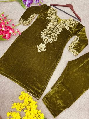 Stunning Mehendi Heavy Viscose Velvet Embroidered Top And Bottom