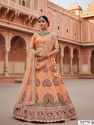 Stunning Peach Georgette Heavy Embroidery And Thread Work Lehenga With Net Dupatta