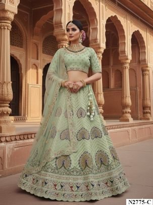 Stunning Pista Georgette Heavy Embroidery And Thread Work Lehenga With Net Dupatta