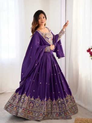 Stunning Purple Embroidery Sequence Work Chinon Lehenga Choli