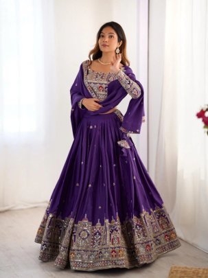 Stunning Purple Embroidery Sequence Work Chinon Lehenga Choli