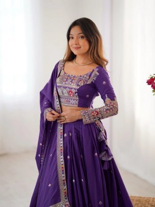 Stunning Purple Embroidery Sequence Work Chinon Lehenga Choli