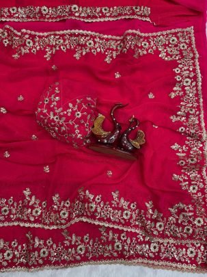 Stunning Rani Pink Frendy Chiffon Saree Paired With A Matching Unstitched Blouse