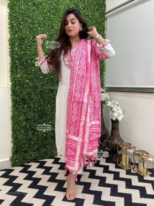 Style Pure Katha Cotton Pink Kurti With Embroidery Work And Lace Detailing