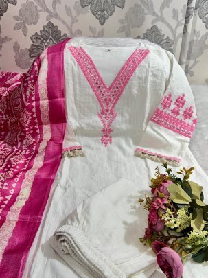 Style Pure Katha Cotton Pink Kurti With Embroidery Work And Lace Detailing