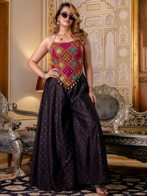 Stylish Black Colour Navratri Wear Crop Top With Palazzo