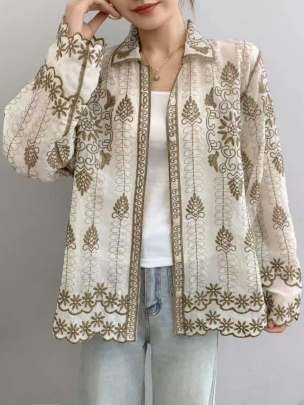 Stylish Brown And White Designer Cotton Top With Embroidered Work