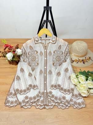Stylish Brown And White Designer Cotton Top With Embroidered Work