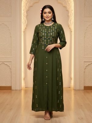 Stylish Cotton Slub Embroidered Straight Khadi Foil Print Kurti