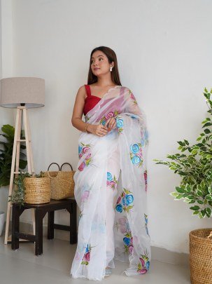 Stylish  Handpainted Organza Silk Saree