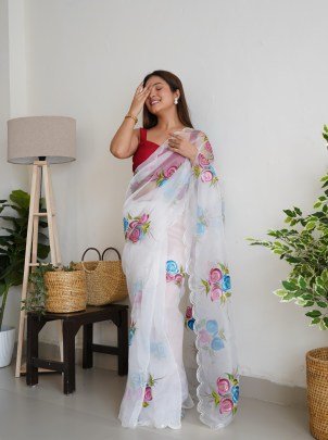 Stylish  Handpainted Organza Silk Saree