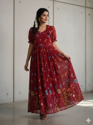 Stylish Maroon Fox Georgette Short Sleeve Summer Dress