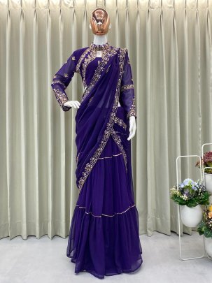 Stylish Purple Faux Georgette Ruffle Ready To Wear Embroidery Saree