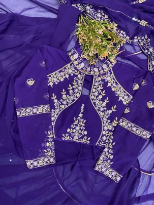 Stylish Purple Faux Georgette Ruffle Ready To Wear Embroidery Saree