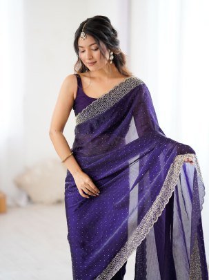 Stylish Purple Fendy Satin Zarkan Handwork Saree With Unstitched Blouse