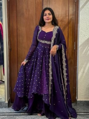 Stylish Purple Vichitra Silk Embroidered Cape Top Sharara Suit