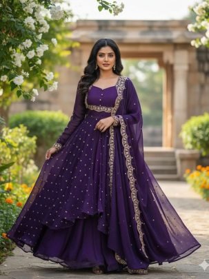 Stylish Purple Vichitra Silk Embroidered Cape Top Sharara Suit
