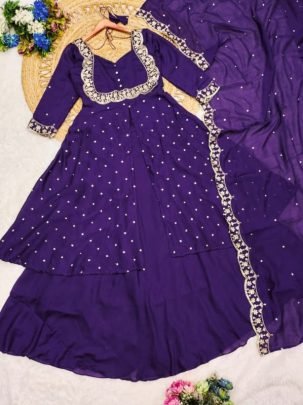 Stylish Purple Vichitra Silk Embroidered Cape Top Sharara Suit