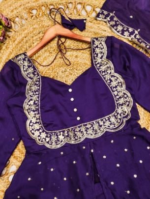 Stylish Purple Vichitra Silk Embroidered Cape Top Sharara Suit