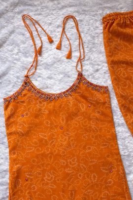 Stylish Sleeveless Orange Colour  kurti With Pant