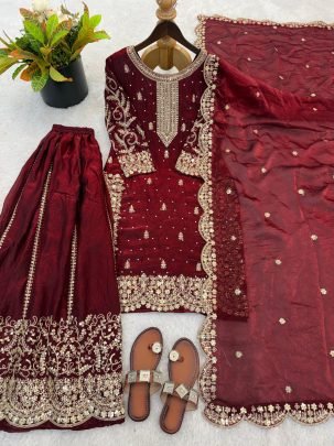 Stylist Fendy Silk Embroidered Maroon Kurti Palazzo And Dupatta Set