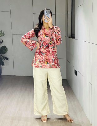 Summer  Wear  Cherry  Colour  Printed   Co Ord Set