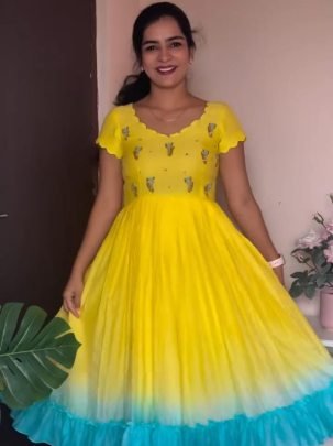 Stunning Yellow Maggam Work One Piece Dress 