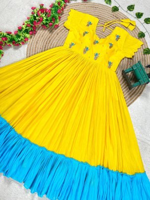 Stunning Yellow Maggam Work One Piece Dress