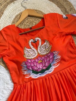 Swan  Pattern  Orange  Colour  Fancy Gown