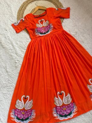 Swan  Pattern  Orange  Colour  Fancy Gown