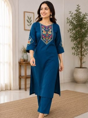 Teal Blue Slub Cotton Embroidered Kurti Pant Set